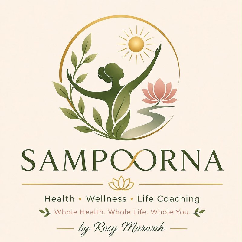 Sampoorna logo: Health, Wellness, Life Coaching. Whole Health. Whole Life. Whole You. By Rosy Marwah