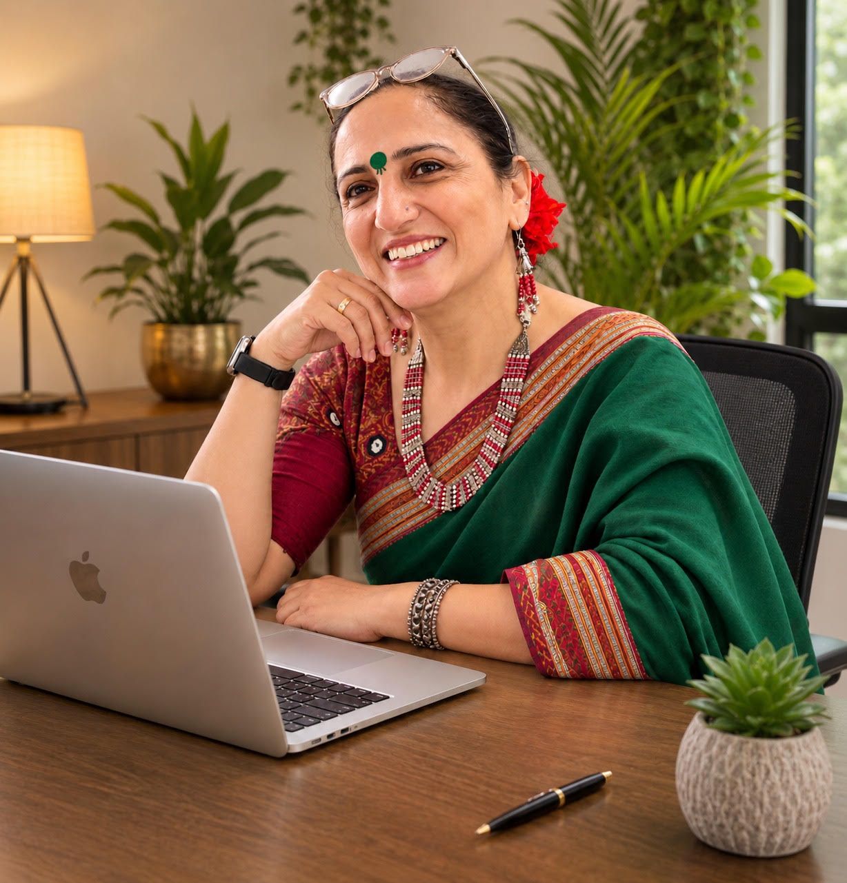 Rosy Marwah, holistic life and wellness coach, smiling at her desk